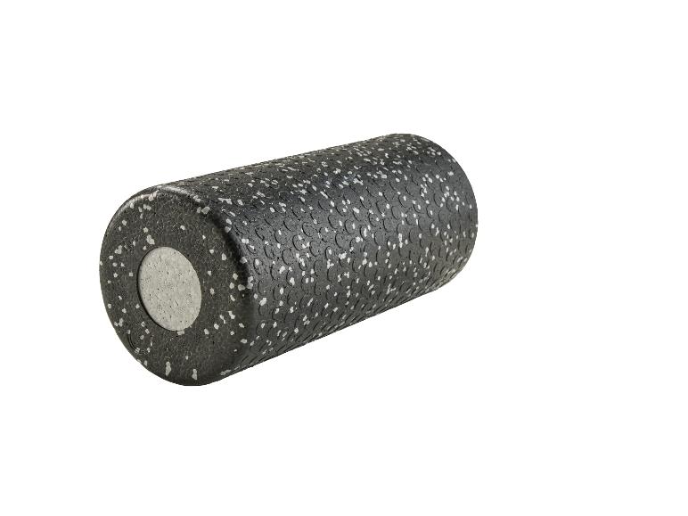 Schwarze Faszienrolle mit weißen Sprenkeln, auf weißem Hintergrund