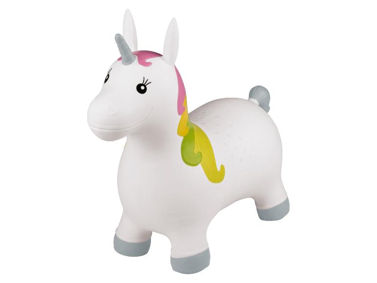 Weißes aufblasbares Einhorn mit rosa, gelber und grüner Mähne und grauem Horn