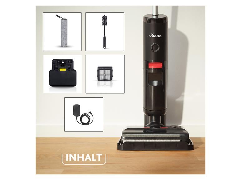 Stehender Staubsauger mit verschiedenen Zubehörteilen wie Walze, Bürste, Filter und Ladegerät.