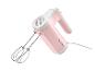SilverCrest Handmixer in Rosa und Weiß mit Rührbesen, schräg auf weißem Hintergrund.