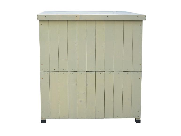 Heller Holzschrank mit vertikalen Paneelen und schwarzen Füßen