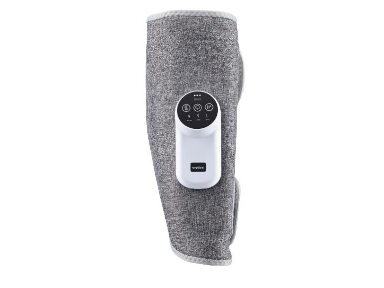 Graues Kniemassagegerät mit weißem Bedienfeld und Tasten für Wärme- und Massagemodi.