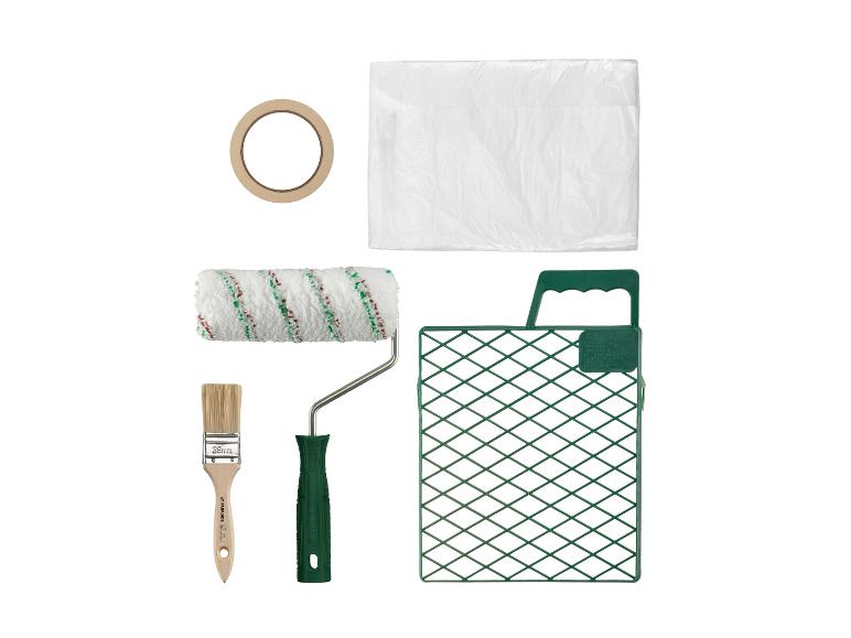 Malerset mit Farbroller, Pinsel, Klebeband und Abdeckfolie.