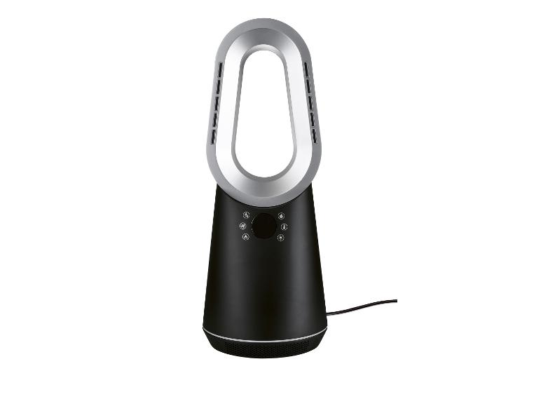 Schwarz-silberner Turmventilator mit Bedienknöpfen.