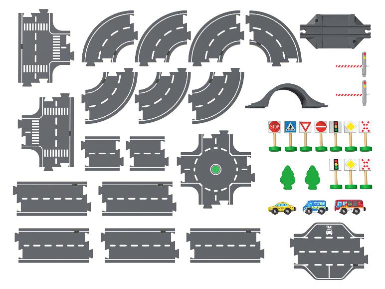 Spielset mit Straßen, Autos, Schildern und Bäumen für eine Spielstadt.