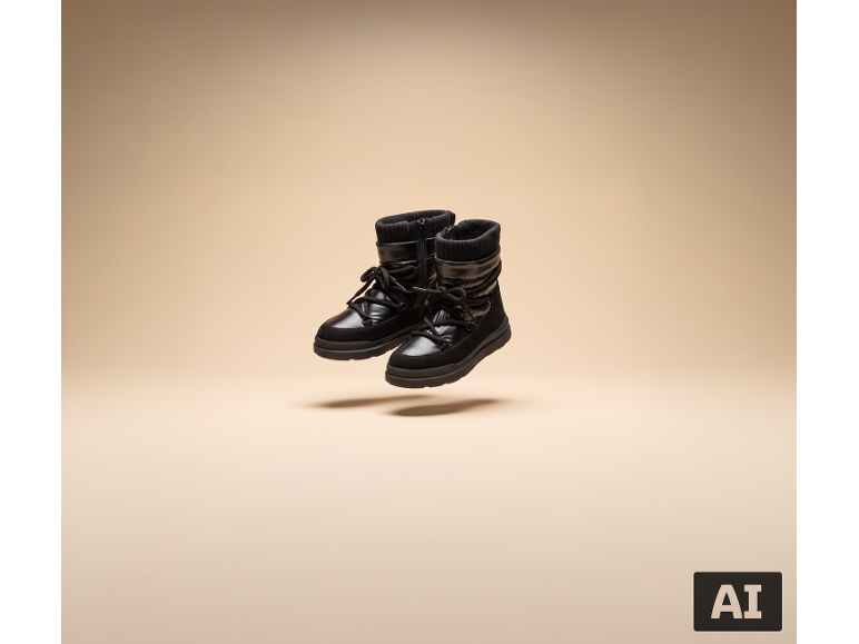 Schwarze Damen-Winterstiefel auf beigefarbenem Hintergrund.