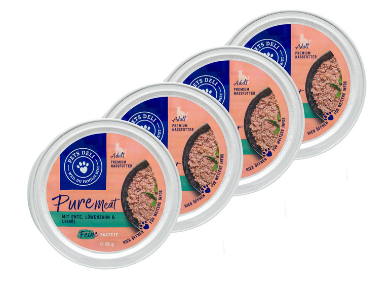 Gehe zu Vollbildansicht: PetsDeli Adult Premium Nassfutter Pure Meat mit Ente, Löwenzahn & Leinöl für Katzen, 4 x 85 g - Bild 1