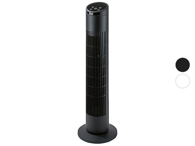 Schwarzer Turmventilator mit Bedientasten oben.