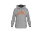 Grauer Kapuzenpullover mit orangefarbenem Logo auf der Vorderseite.