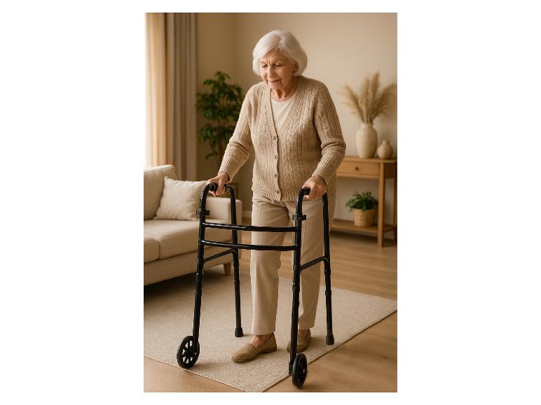 Ältere Frau benutzt einen Rollator im Wohnzimmer.