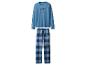 Herrenpyjama mit blauem Langarmshirt und blau-schwarz karierter Hose.