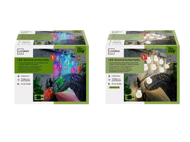 Zwei Packungen LIVARNO home LED-Sommerlichterketten, eine mit bunten und eine mit warmweißen Glühbirnen.