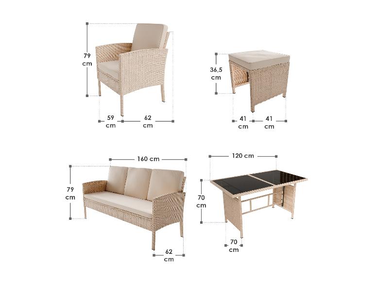 Geflecht-Gartenmöbel-Set mit Sofa, Sessel, Hocker und Tisch, inklusive Maßen.