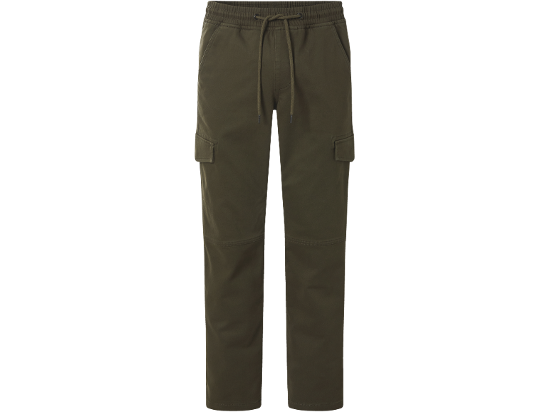 Dunkelgrüne Herren-Cargohose mit elastischem Bund und Kordelzug.