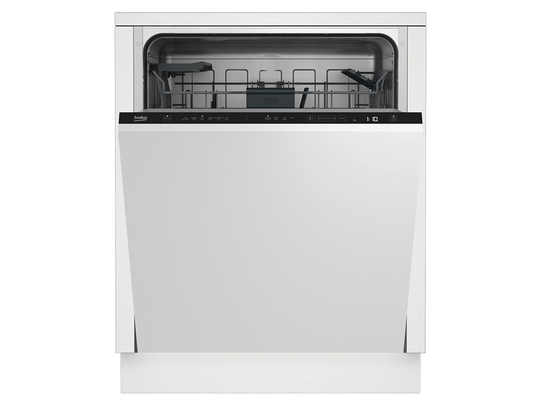 Eine offene Beko Spülmaschine mit einem oberen und unteren Gestell.