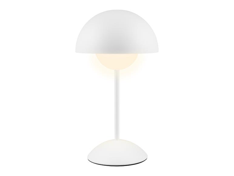 Weiße Tischlampe mit halbkugelförmigem Schirm und leuchtender Kugel.