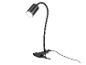 Schwarze Schreibtischlampe mit Klemme und flexiblem Arm, die helles Licht spendet.