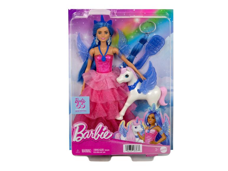 Puppe mit blauen Haaren und rosa Kleid, Einhorn und Zubehör in der Verpackung.