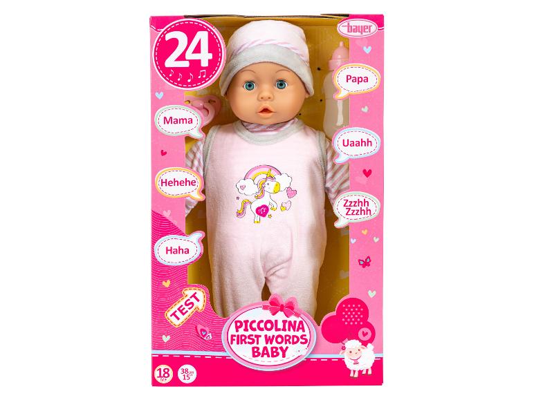 Piccolina First Words Babypuppe in einer rosa Schachtel mit Text und Illustrationen