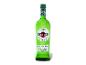 Grüne Flasche extra trockener Aperitif mit weißem Etikett und grünem Verschluss.