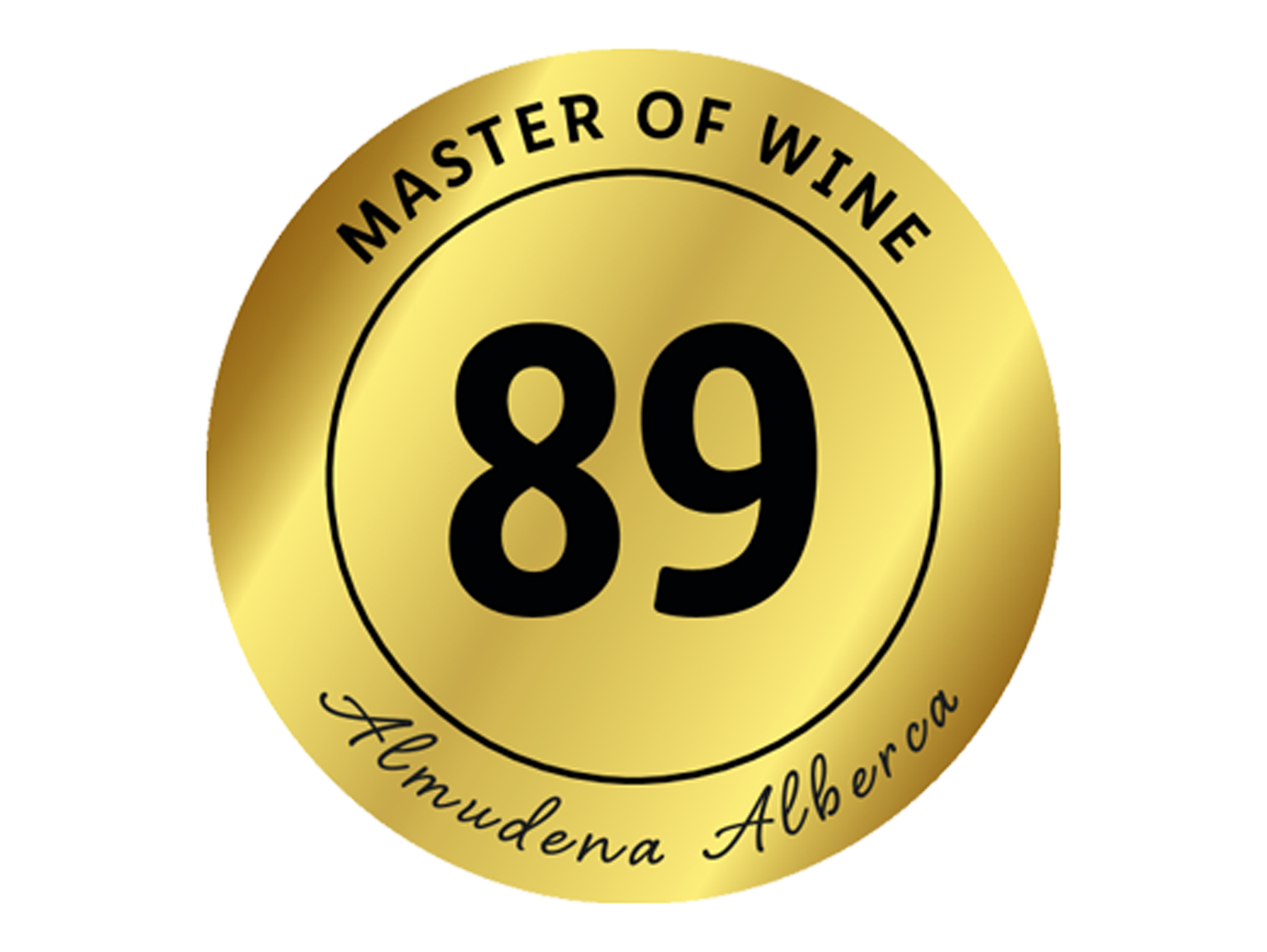 Goldenes Siegel mit der Aufschrift „MASTER OF WINE“ und der Zahl „89“, sowie „Almudena Alberca“.