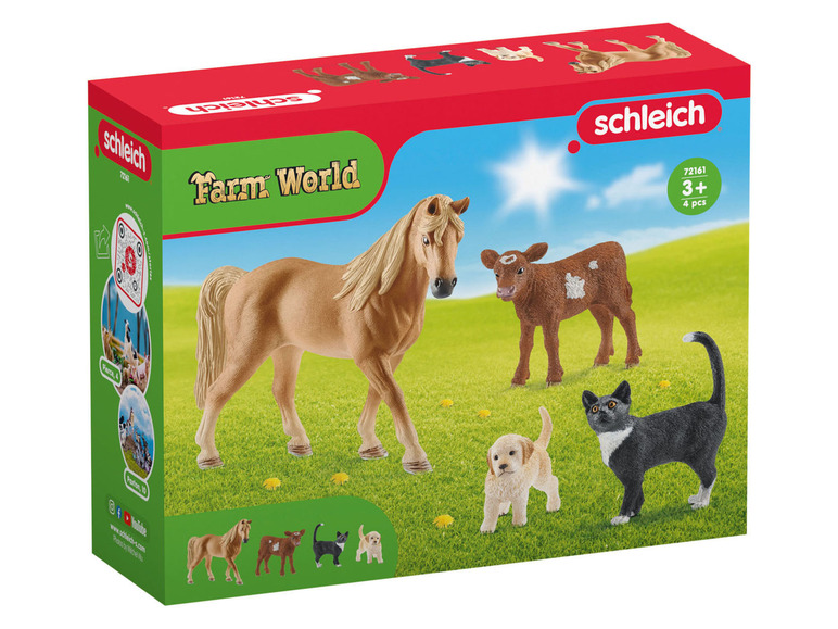 Schleich Farm World Spielzeugset mit einem Pferd, einem Kalb, einer Katze und einem Welpen.