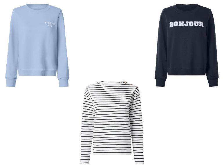 Drei Sweatshirts: ein hellblaues mit „Breakfast Club“, ein dunkelblaues mit „BONJOUR“ und ein weiß-schwarz gestreiftes.