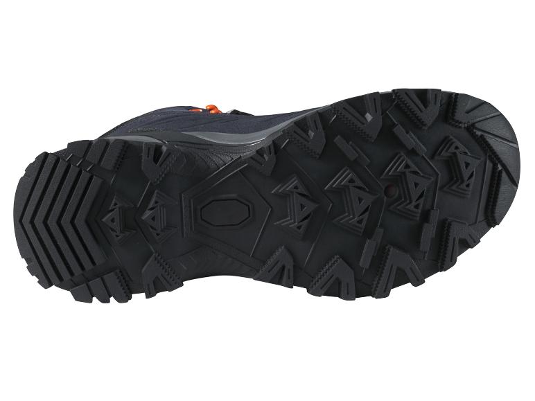 Schwarzer Wanderstiefel mit orangefarbenen Schnürsenkeln, von unten gesehen.