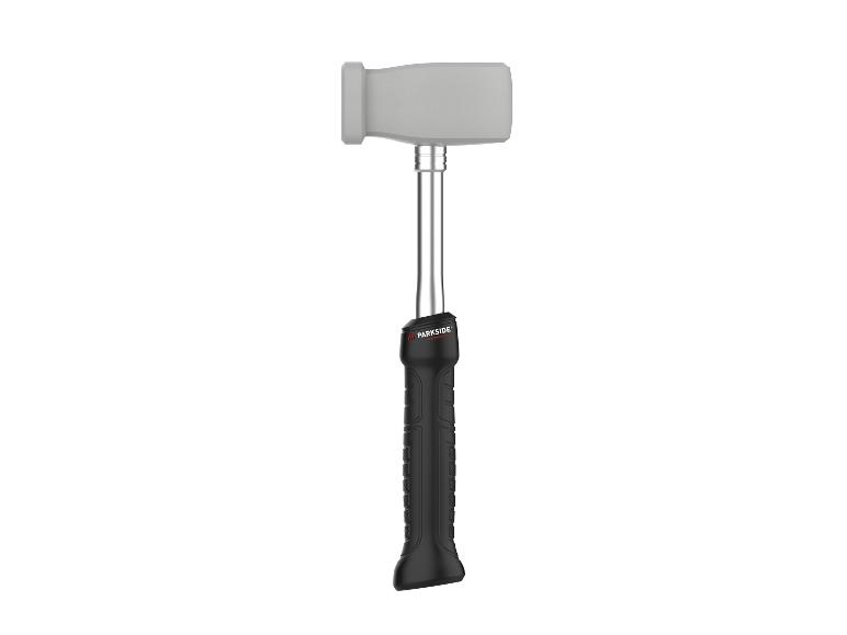 Ein grauer Gummihammer mit schwarzem Griff und Metallstiel.