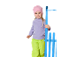 Mädchen mit rosa Mütze, lila Oberteil und grüner Hose, steht neben einem blauen Zaun.