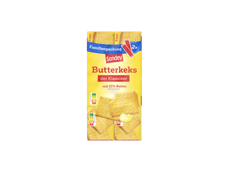 Familienpackung Butterkekse mit 13% Butter, 2x200g, mit Nutri-Score D.