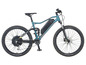 Ein blaues E-Mountainbike mit AEG-Akku und Continental-Reifen.