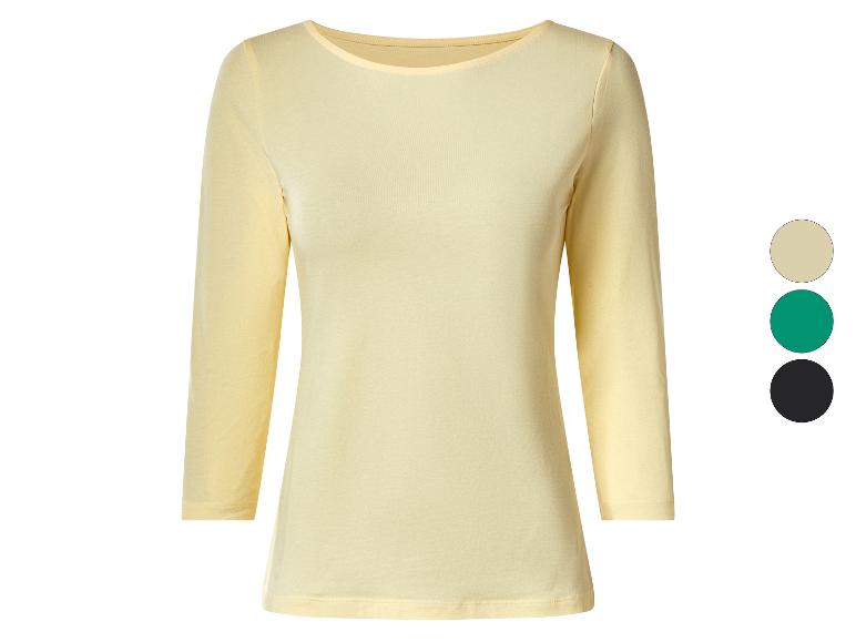 Damen-Shirt mit 3/4-Ärmeln in Gelb, mit Optionen in Grün, Beige und Schwarz.