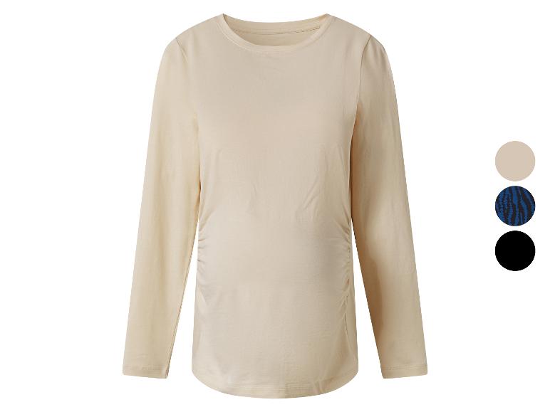 Umstands-Langarmshirt in Beige mit gerafften Seiten, gezeigt mit Farboptionen.