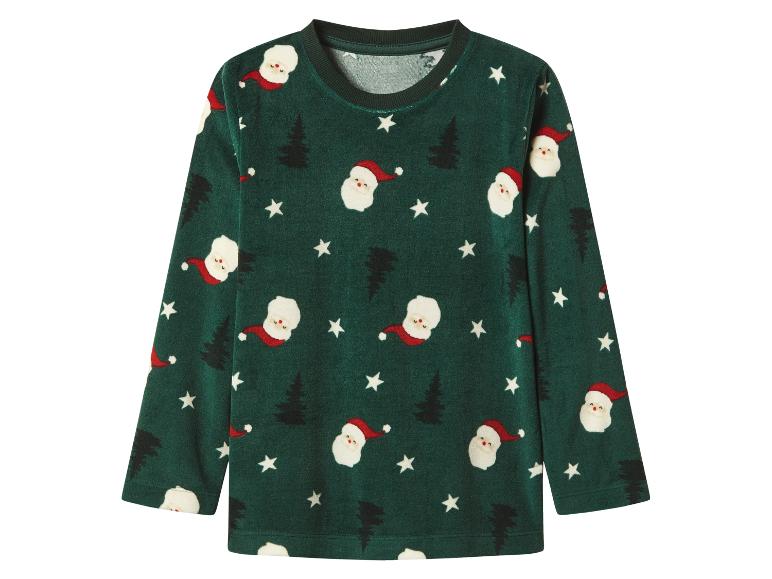 Grünes Langarmshirt mit Weihnachtsmann-, Weihnachtsbaum- und Sternenmustern.