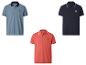 Drei Herren-Poloshirts in Blau, Rot und Marineblau, mit kontrastierenden Kragen und Ärmelbündchen.