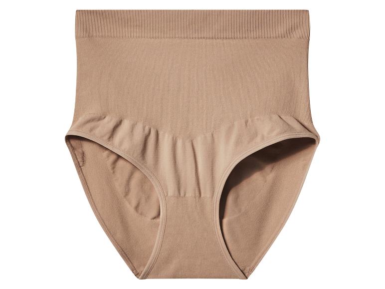 Ein Paar hoch taillierte, nahtlose beigefarbene Shapewear-Slips.