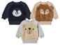 Drei Baby-Sweatshirts mit Tiermotiven: Pinguin, Fuchs und Bär.