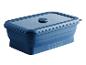 Blaue faltbare Lebensmittelbox mit transparentem Deckel.