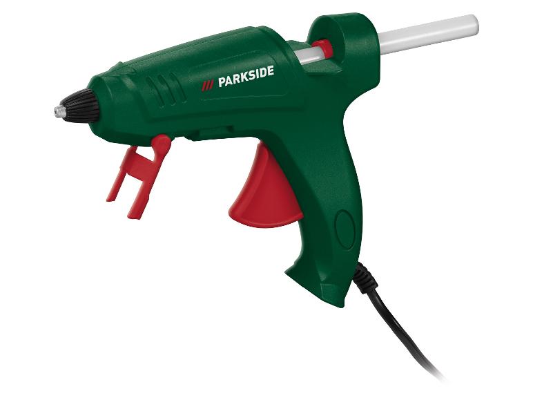 PARKSIDE Heißklebepistole in Grün und Rot mit einem weißen Klebestift