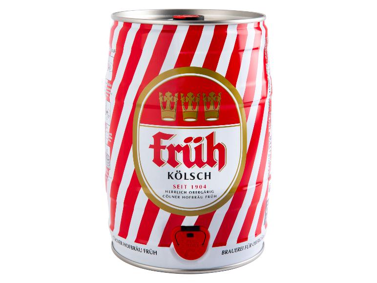 Früh Kölsch Bierdose mit rot-weißen Streifen und Markenlogo.