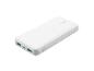 Weiße Powerbank mit zwei USB-Anschlüssen und Ladeanzeigen.