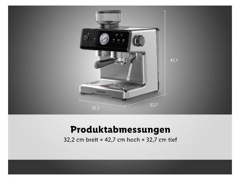 Espressomaschine mit integriertem Mahlwerk, Maße: 32,2 cm breit, 42,7 cm hoch, 32,7 cm tief.