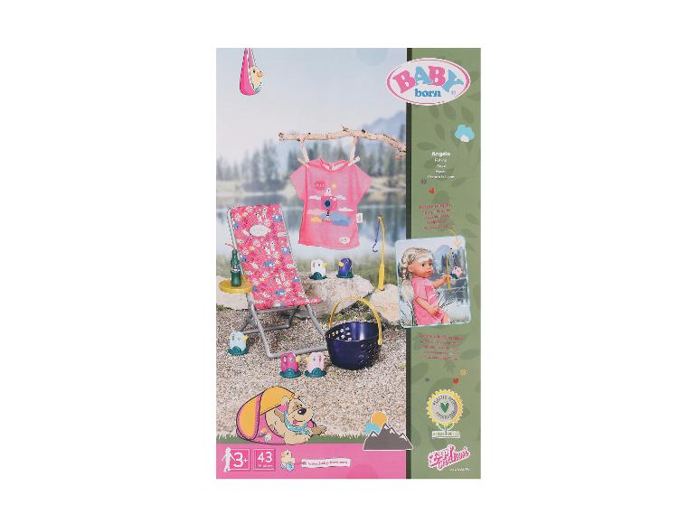 BABY born Angelset mit pinkem T-Shirt, Liegestuhl und Angelteich-Zubehör.