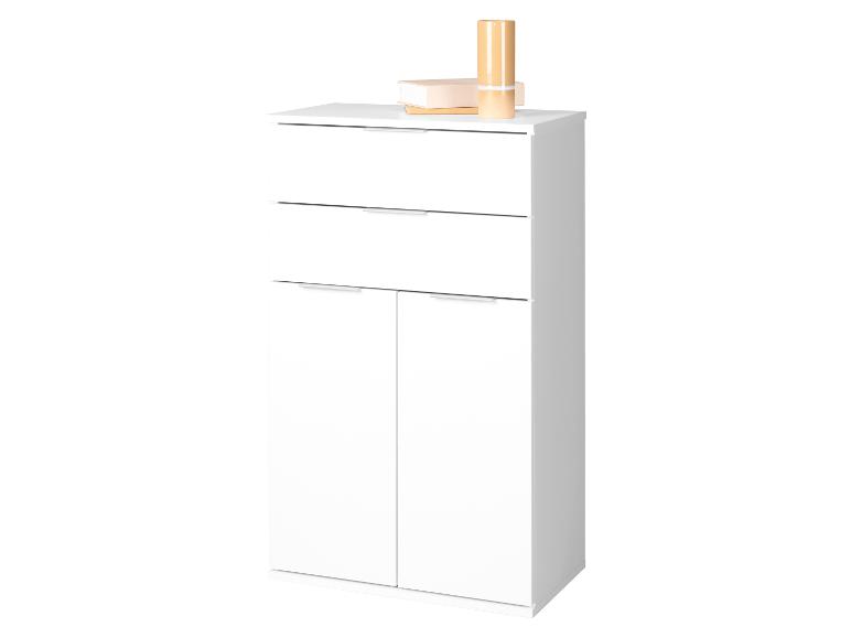 Weißer Schrank mit zwei Schubladen und zwei Türen, dekoriert mit Büchern und einer Vase.