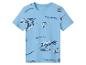 Blaues Kinder-T-Shirt mit Dinosaurier-Prints und den Schriftzügen „TYRANNOSAURUS“ und „INUSaurus“.