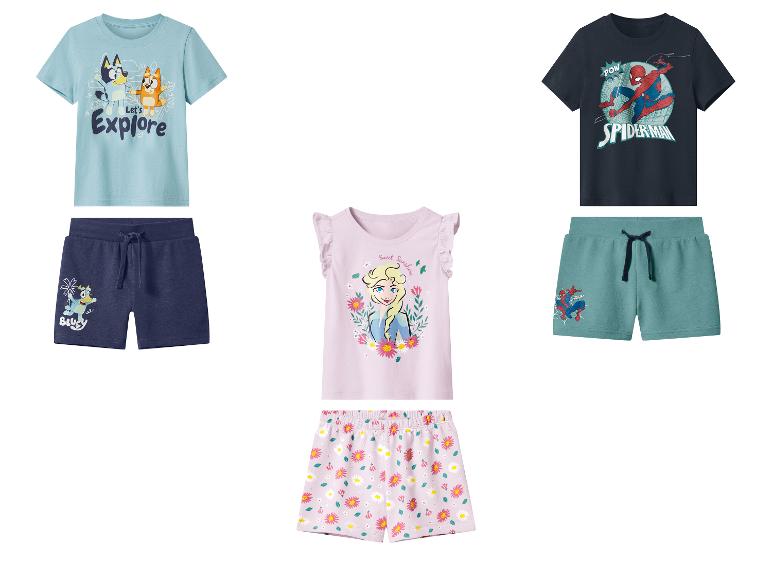 Kinder T-Shirts und Shorts-Sets mit Zeichentrickfiguren und Blumenmustern.
