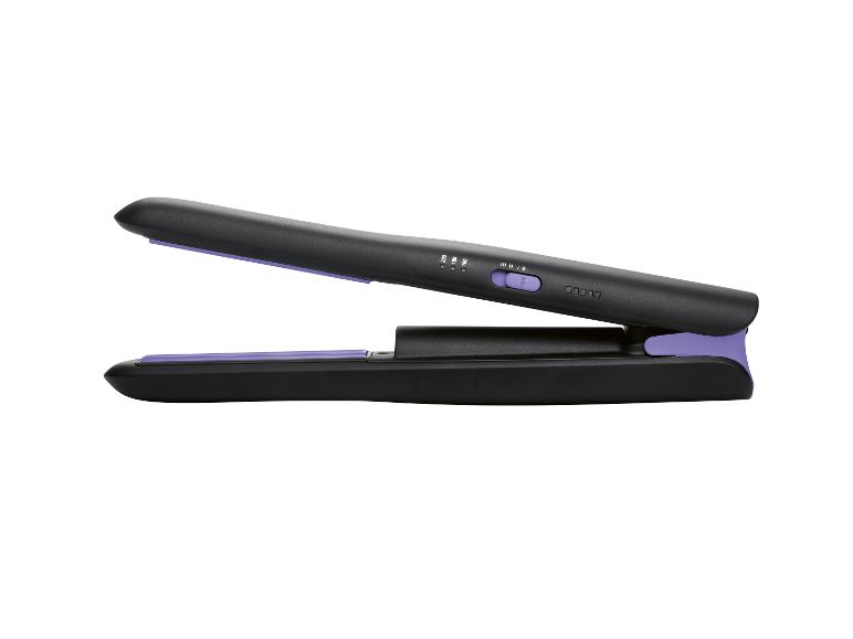 Haarglätter und Lockenstab, schwarz-violettes Design.