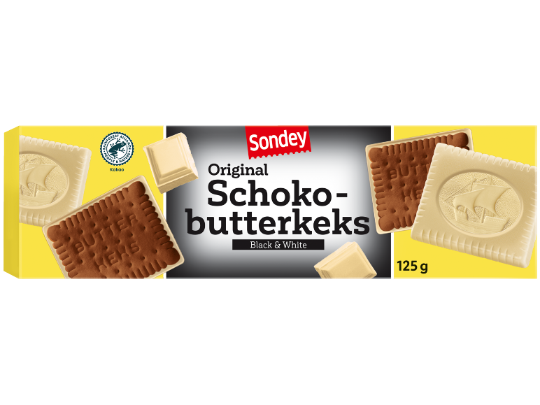 Verpackung von Schoko-Butterkeksen in Schwarz-Weiß-Ausführung, 125 g.