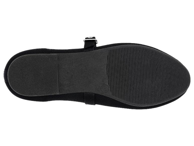 Schwarzer flacher Schuh mit Schnallenriemen, von der Sohle aus gesehen.